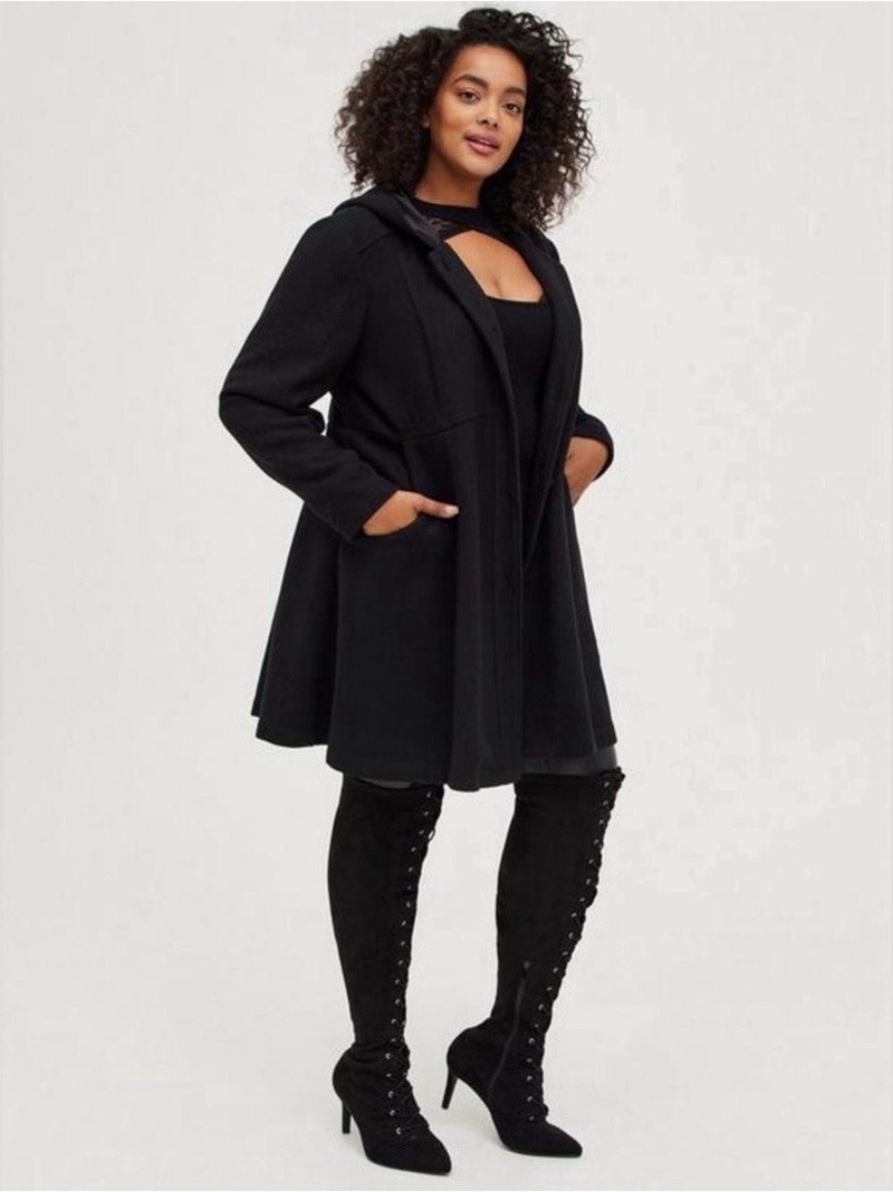 NEW Torrid Wool Coat Womens 6X 30 Plus Hood Herringbone Black Baddie Whimsigoth
